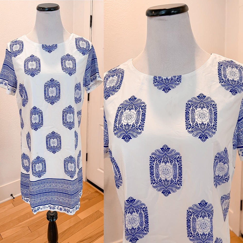 Lulus island inspiration short printed blue white sleeve dress L shift